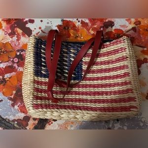 Vintage Straw/Vegan Leather American Flag Tote Bag W/ Attached Key Pouch